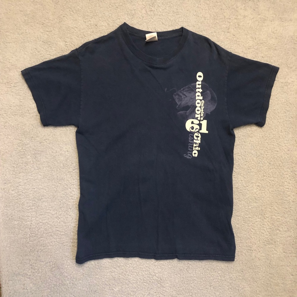 VTG Cabelas Fishing T-Shirt Mens Medium Navy‎ Blue Bass Graphic Outdoor Tee